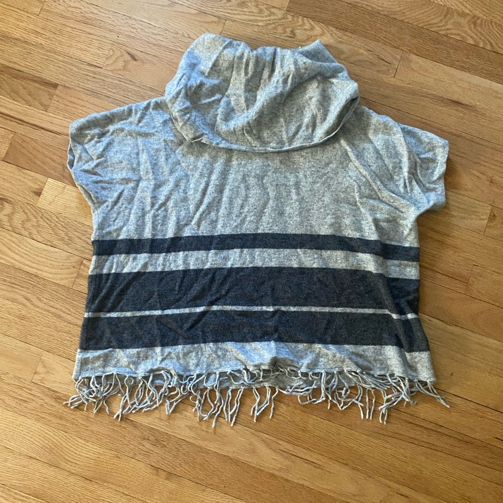 Gray and Black Striped Fringe Poncho